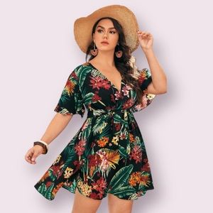 Tropical Print V Neck Short Sleeve Belted Short Dress